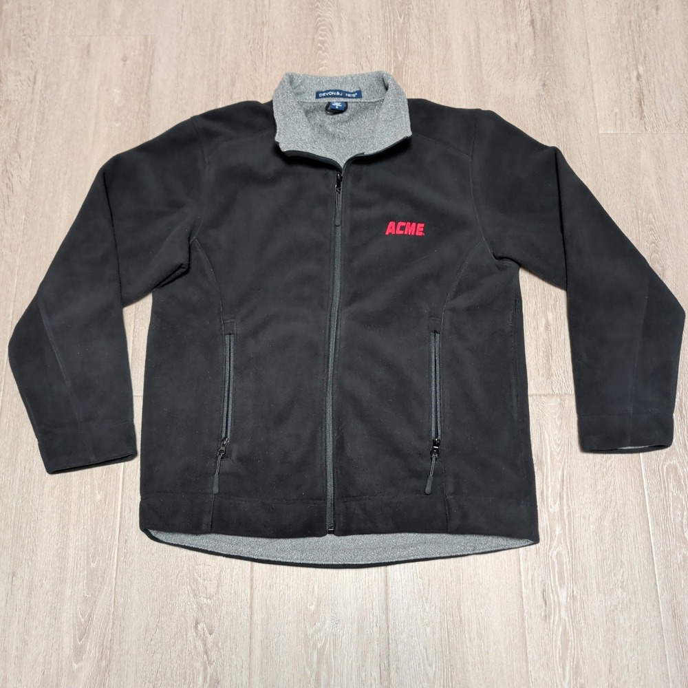 Devon & Jones ACME Fleece Jacket Mens S Black Full Zip Embroidered Logo Warm